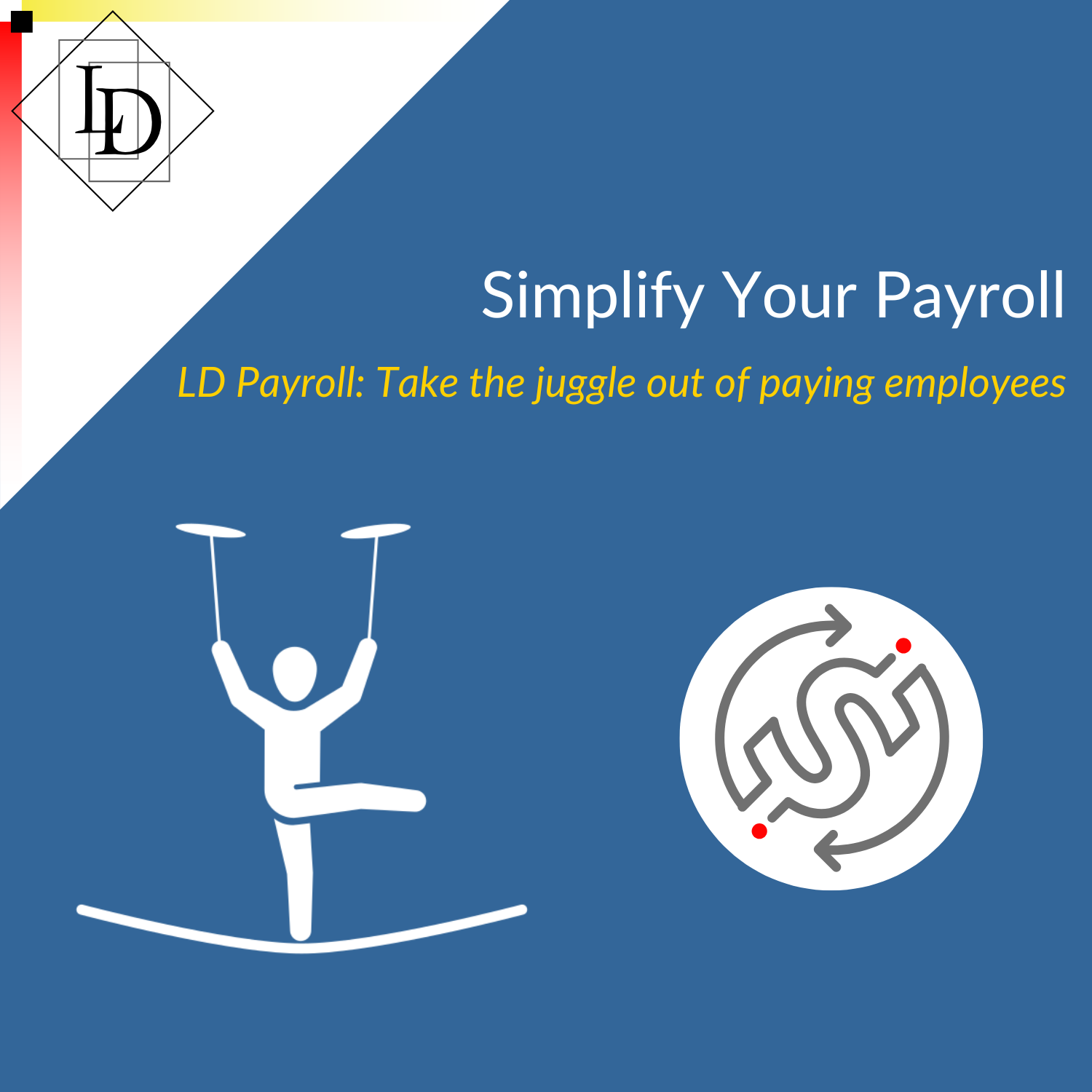 Stick figure man on a tight-rope, holding two sticks and keeping two plates spinning in the air. The LD Payroll application logo. Title - Simplify your payroll, subtitle: LD Payroll: take the juggle out of paying employees.